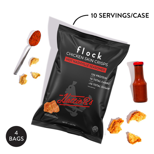 hattie bs XL flock bag with chips and 10 servings per case servings displayed